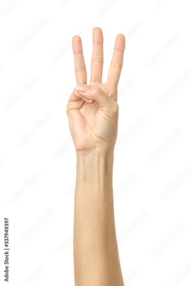 Number three. Woman hand gesturing isolated on white Number three. Woman hand gesturing isolated on white