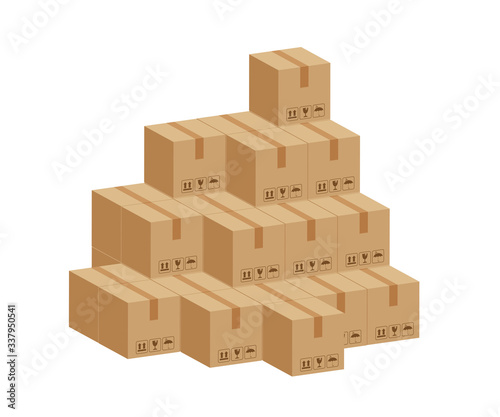 pile crate boxes 3d cube, cardboard box for factory warehouse storage, cardboard parcel boxes stack of warehouse factory, packaging cargo, boxes brown isolated on white background
