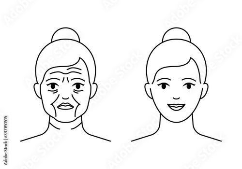 Old and young women faces vector icon line style