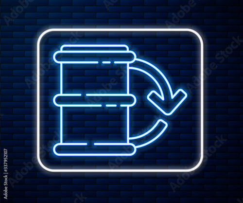 Glowing neon line Eco fuel barrel icon isolated on brick wall background. Eco bio and barrel. Green environment and recycle. Vector Illustration