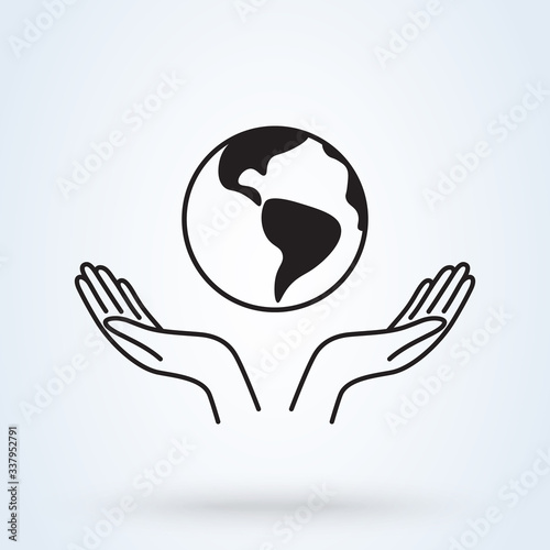 Two hands holding Earth icon. Vector illustration line art
