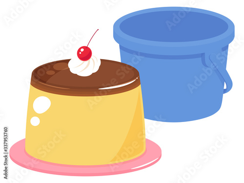 サクランボをのせたバケツプリンのイラスト