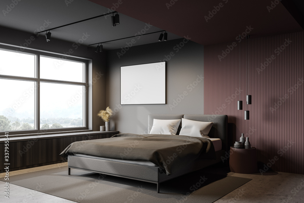Red and gray bedroom corner with poster Red and gray bedroom corner with poster