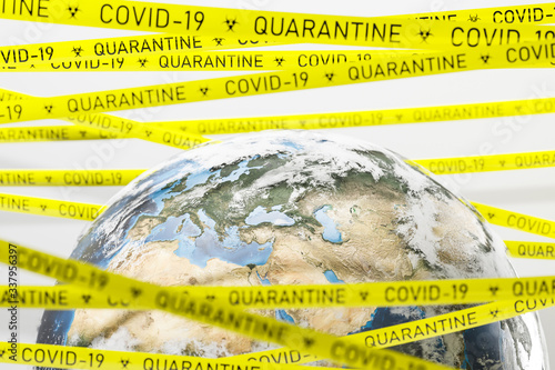 Planet Earth in coronavirus quarantine tape