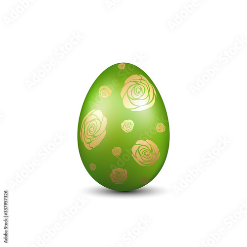 Easter egg 3D icon. Green gold egg, isolated white background. Bright realistic design, decoration for Happy Easter celebration. Holiday element. Shiny pattern. Spring symbol. Vector illustration