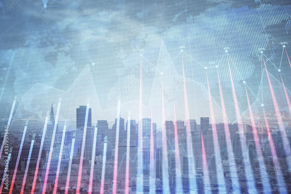 Forex graph on city view with skyscrapers background multi exposure. Financial analysis concept. Forex graph on city view with skyscrapers background multi exposure. Financial analysis concept.