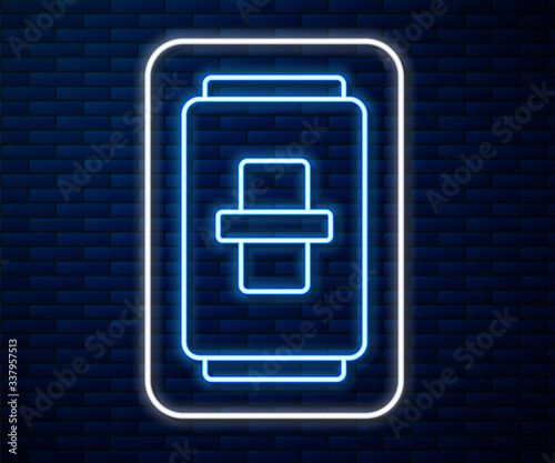 Glowing neon line Electric light switch icon isolated on brick wall background. On and Off icon. Dimmer light switch sign. Concept of energy saving. Vector Illustration