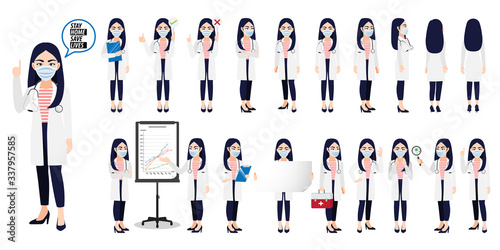 Cartoon character with a professional doctor or medical worker wearing medical mask on face in different poses to fight coronavirus on a white background. Flat icon design vector