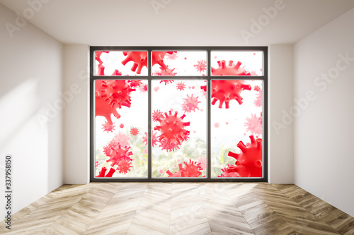 Empty room with coronavirus outside, stay home