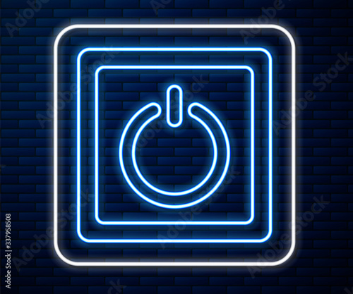 Glowing neon line Electric light switch icon isolated on brick wall background. On and Off icon. Dimmer light switch sign. Concept of energy saving. Vector Illustration