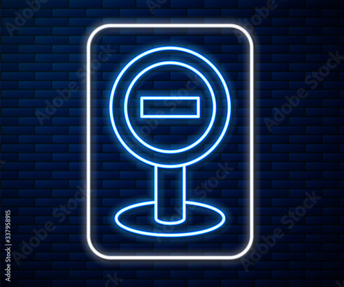 Glowing neon line Stop sign icon isolated on brick wall background. Traffic regulatory warning stop symbol. Vector Illustration