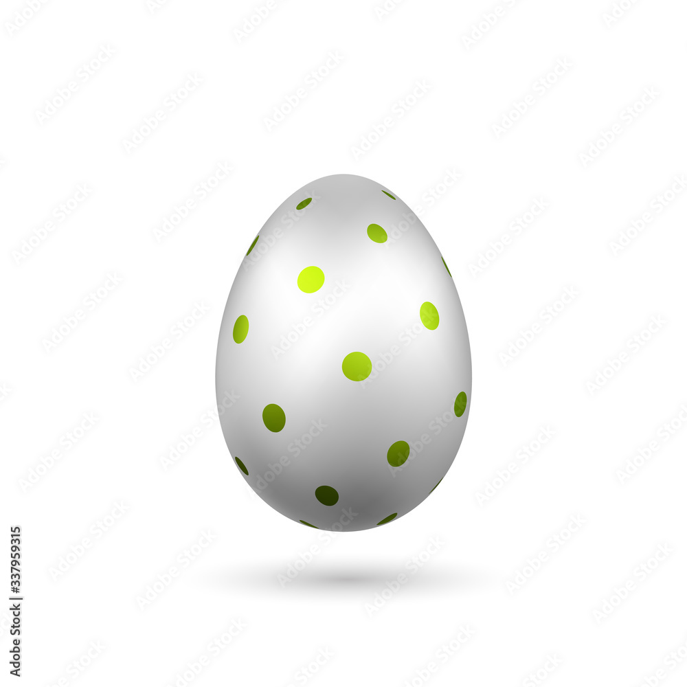 Easter egg 3D icon. Silver color egg, isolated white background. Bright realistic design, decoration for Happy Easter celebration. Holiday element. Shiny pattern. Spring symbol. Vector illustration