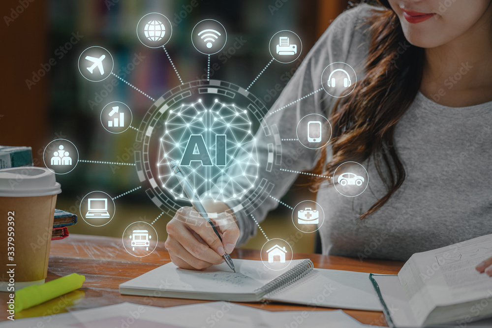Polygonal brain shape of an artificial intelligence with various icon of smart city Internet of Things Technology over Asian young Student hand writing homework in library of university or colleage