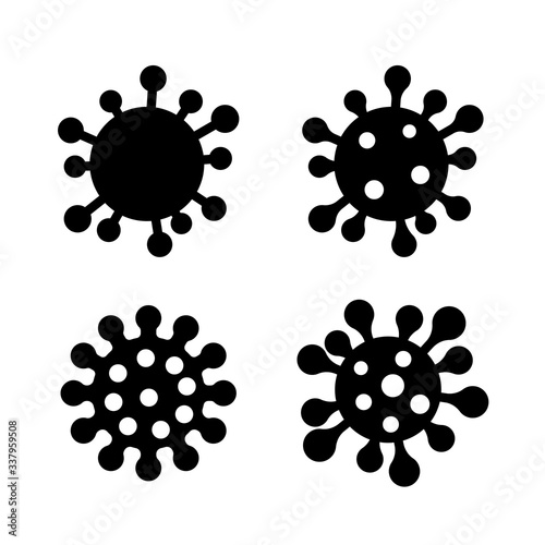 Coronavirus 2019-nCoV. Corona virus icon set. Black sign isolated white background. China pathogen respiratory infection. Design bacteria-cell. Influenza pandemic. Corona-virus. Vector illustration