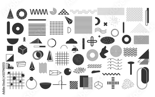 Black geometric shapes set. Vintage memphis elements, different shape funky graphic silhouette 90s.Trend retro style 80s, abstract sign for print design banner, web poster Isolated vector illustration