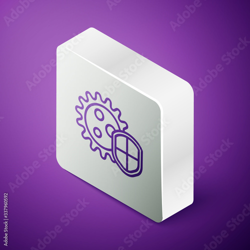 Isometric line Shield protecting from virus, germs and bacteria icon isolated on purple background. Immune system concept. Corona virus 2019-nCoV. Silver square button. Vector Illustration