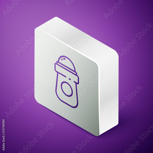 Isometric line Antiperspirant deodorant roll icon isolated on purple background. Cosmetic for body hygiene. Silver square button. Vector Illustration