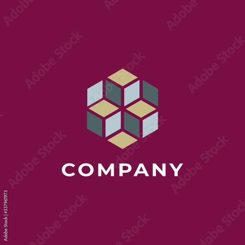 Geometric logo.Decorative icon with 3 color cubes. Abstract motif isolated on red background.Design elements for branding.Graphic symbol for modern, corporate, industrial, web business. 
 Linear sign.