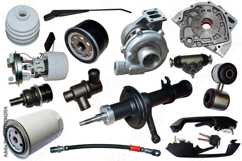 A lot of new auto parts isolated on a white background. Autoshop.
