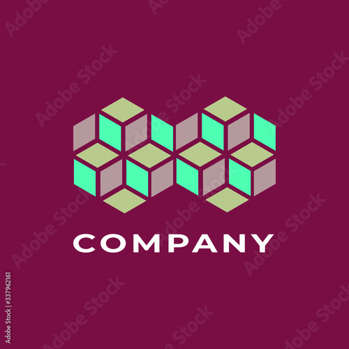 Geometric logo.Decorative icon with 3 color cubes. Abstract motif isolated on red background.Design elements for branding.Graphic symbol for modern, corporate, industrial, web business. 
 Linear sign.