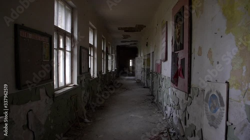 Chernobyl Exclusion Zone. Inside an Abandoned School in Mashevo Village. Wide Dolly Shot photo