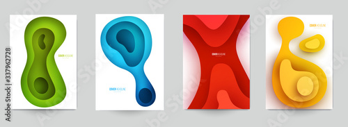 Set of minimal template in paper cut style design for branding, advertising with abstract shapes. Modern background for covers, invitations, posters, banners, flyers, placards. Vector illustration.