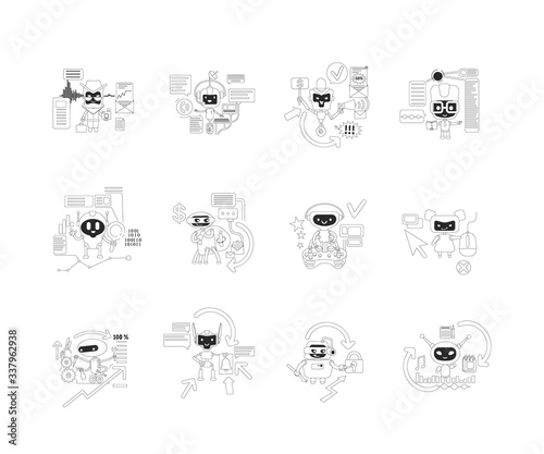 Good and bad bots thin line concept vector illustrations set. Internet robots 2D cartoon characters for web design. Personal AI assistants. Spam mails sending malware creative ideas