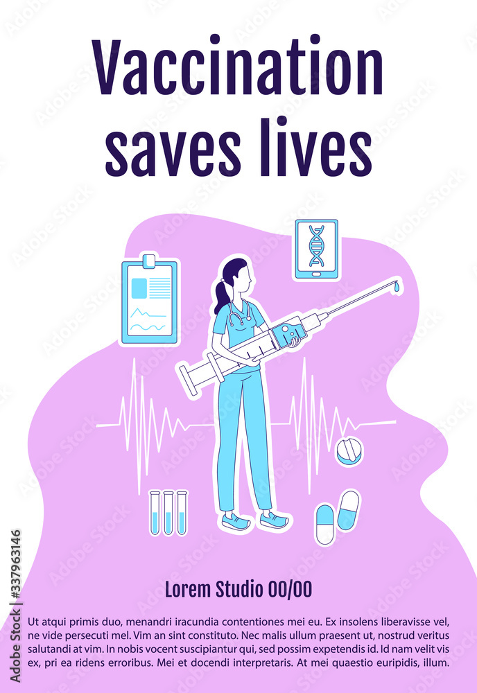 Vaccination saves lives poster flat silhouette vector template. Virus prevention. Brochure, booklet one page concept design with cartoon characters. Medical procedure flyer, leaflet with text space