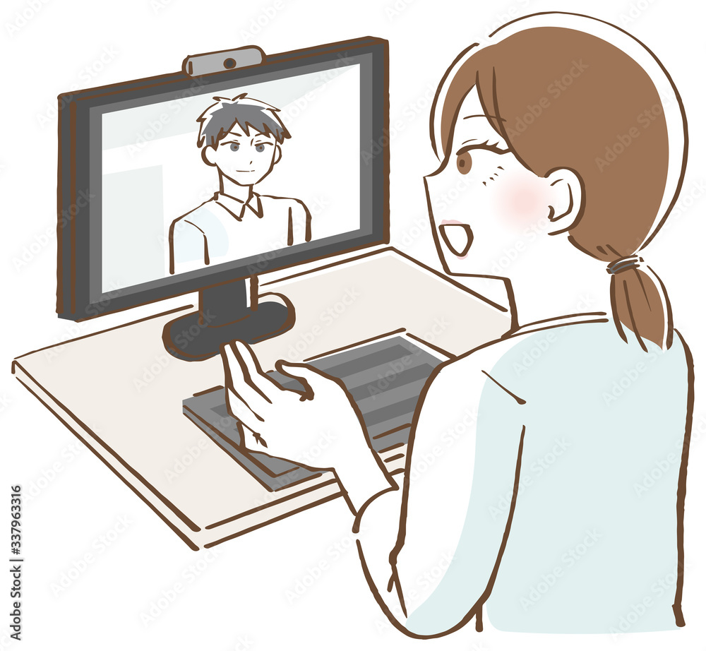 WEB会議　リモートワーク　女性 在宅勤務 テレワーク イラスト