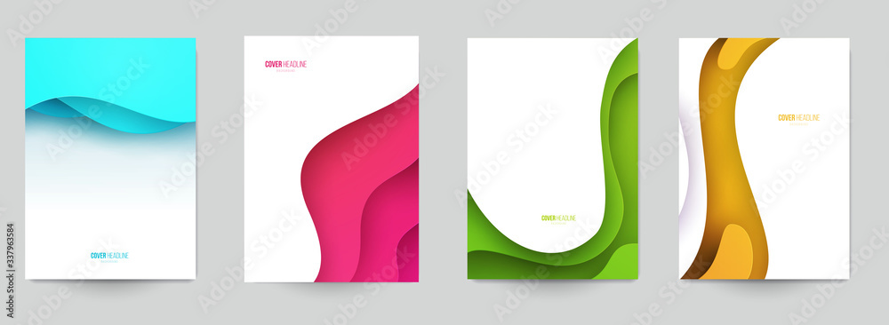 Set of minimal template in paper cut style design for branding, advertising with abstract shapes. Modern background for covers, invitations, posters, banners, flyers, placards. Vector illustration.