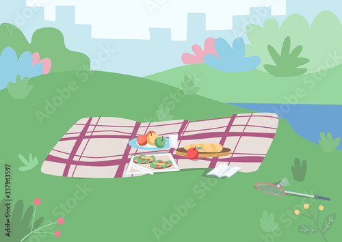 Spot for picnic flat color vector illustration. Blanket with food on plated to have dinner outside. Place for leisure on grass hill. Park 2D cartoon landscape with cityscape and bushes on background