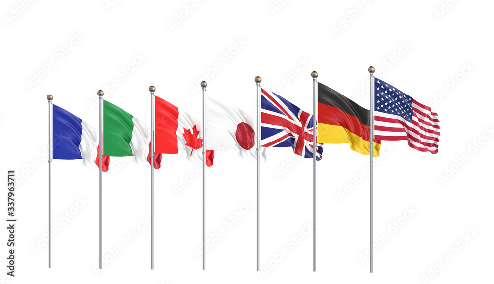 Online summit. G7 flags Silk waving flags of countries of Group of Seven : Canada, Germany, Italy, France, Japan, USA states, United Kingdom 2020. Big Seven. Isolated on white. 3D illustration.