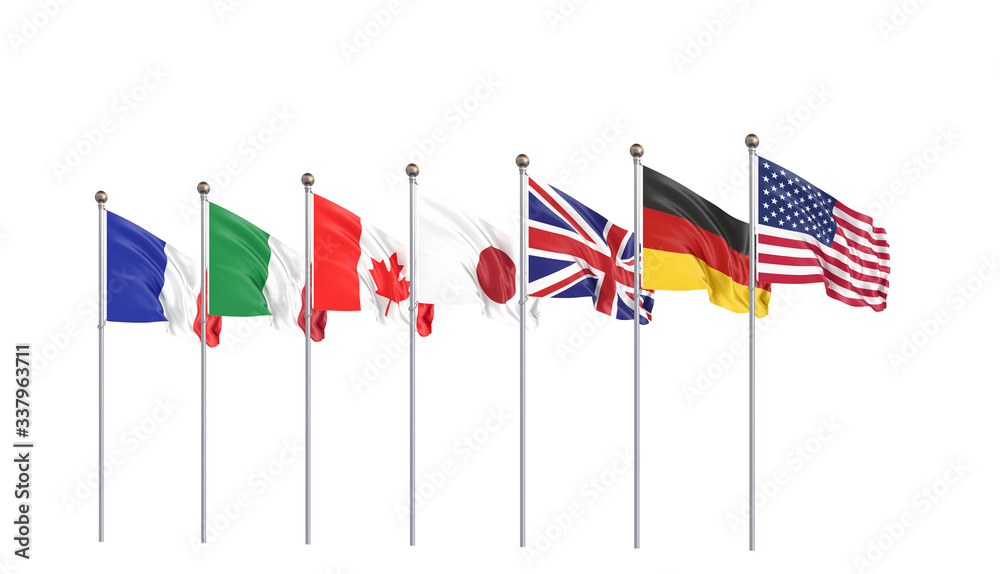 Online summit. G7 flags Silk waving flags of countries of Group of Seven : Canada, Germany, Italy, France, Japan, USA states, United Kingdom 2020. Big Seven. Isolated on white. 3D illustration. Online summit. G7 flags Silk waving flags of countries of Group of Seven : Canada, Germany, Italy, France, Japan, USA states, United Kingdom 2020. Big Seven. Isolated on white. 3D illustration.