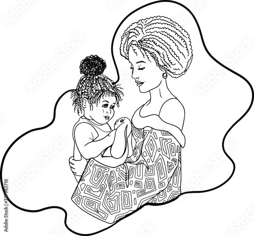 Afro american woman with her cute baby. Hand dawn vector stock illustration of negro woman and newborn with toy. Mother's Day. Isolated on white background. Trendy line art design. Coloring. Outline