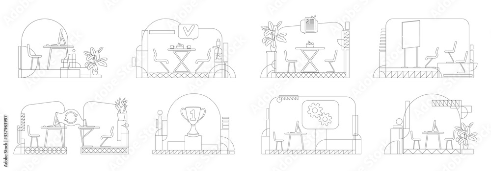 Business office outline vector illustrations set. Corporate workspace, coworking space contour composition on white background. Empty workplaces, rooms with no workers simple style drawings pack