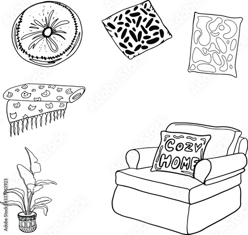 Cute hand drawn vector Cozy armchair, pillows, plaid and flowerpot. Doodle set about coronavirus, Covid-19, Stay Home, work in home. Pandemic protection. Quarantine positive doodle home elements.