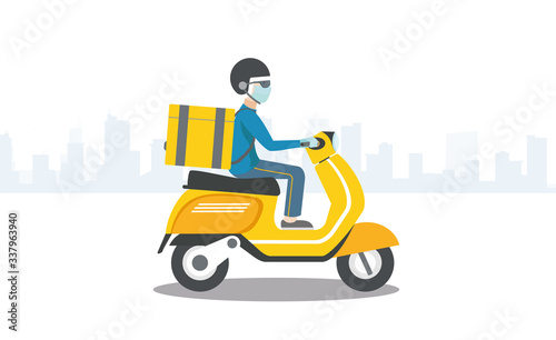 fast sterile moped delivery in the city during quarantine through coronavirus COVID-19; courier in medical mask and gloves on scooter