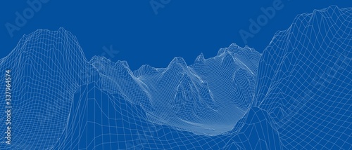 Abstract 3d wire-frame landscape. Blueprint style