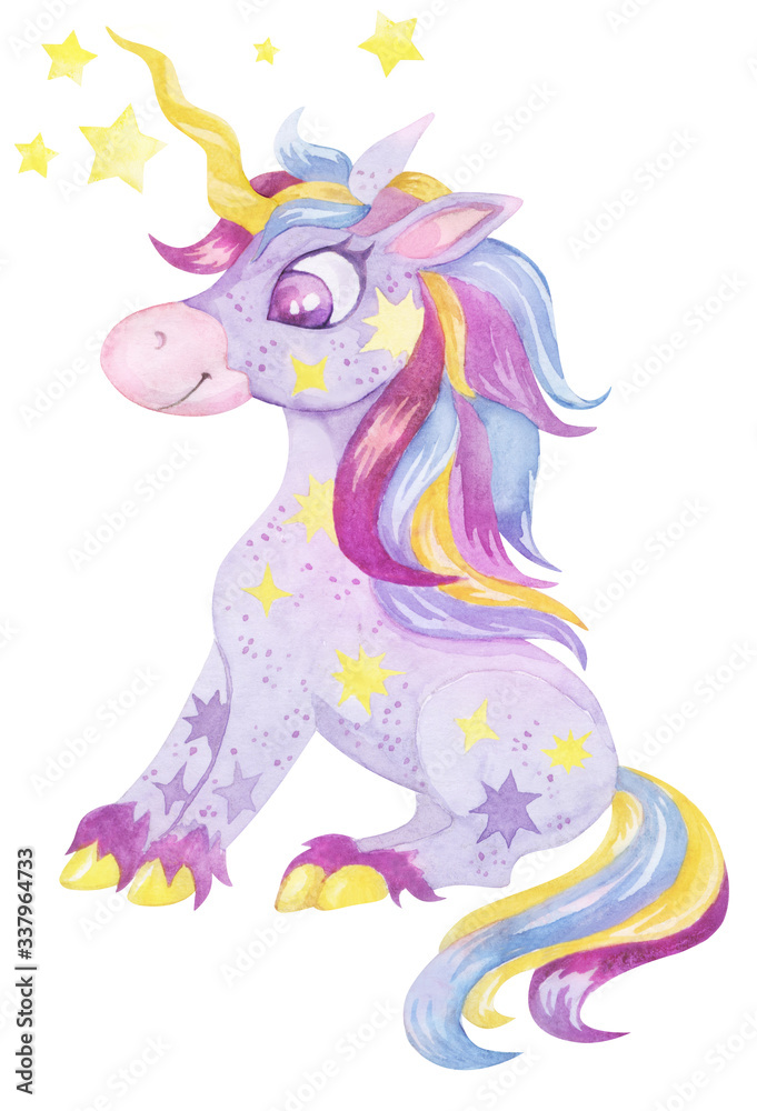 Cute magical unicorn with hearts. Watercolor picture.