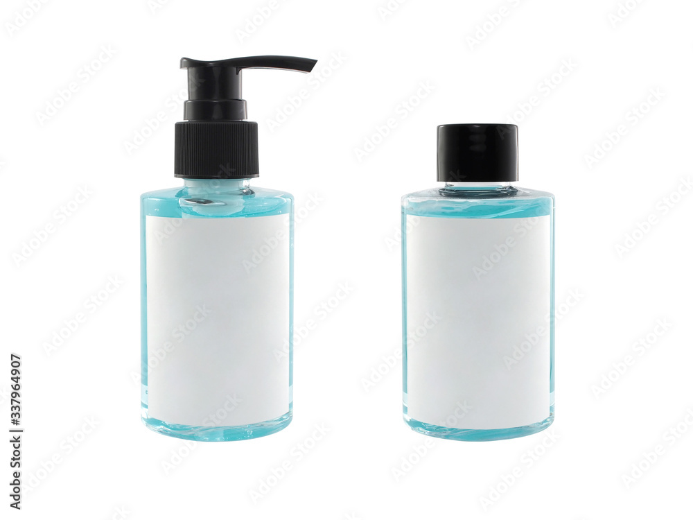 two transparent bottles of alcohol gel with blank label isolated on white two transparent bottles of alcohol gel with blank label isolated on white