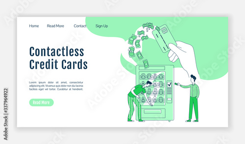 Contactless credit cards landing page flat silhouette vector template. NFC payment homepage layout. Pay card one page website interface with cartoon outline character. Food buying web banner, webpage