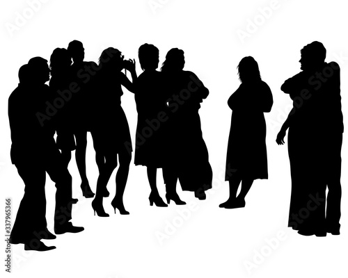 Group of men and women at a party. Isolated silhouettes of people on a white background
