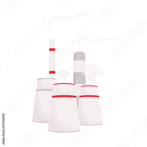 Factory cartoon vector illustration. Industrial plant flat color object. Manufacture towers with smoke and fumes. Air pollution cause. Chemical production station isolated on white background