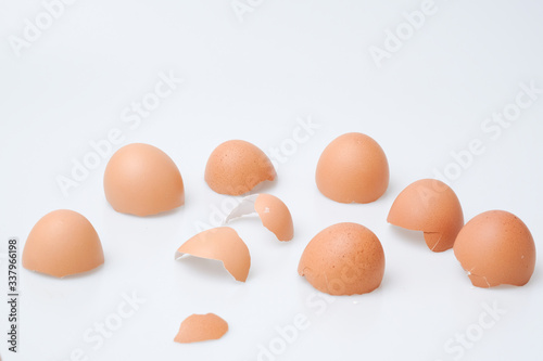 Broken egg shell on white background