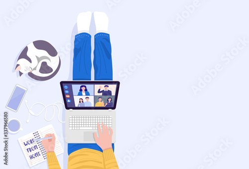 Top view of young man sitting on floor and using laptop for Video Conferencing at home. Vector