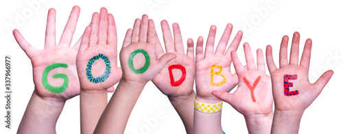 Children Hands Building Colorful Word Goodbye. White Isolated Background