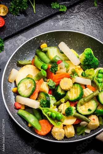 Stir Fry Vegetables on Pan Close Up View. Clean Healthy Eating. Vegetable Mix. Green Diet