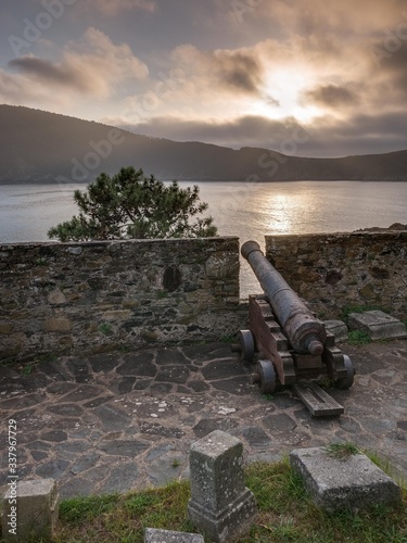 Cannons and merlons of the fortress Castillo de la Concepción in Cedeira, Rías Altas, La Coruña, Spain