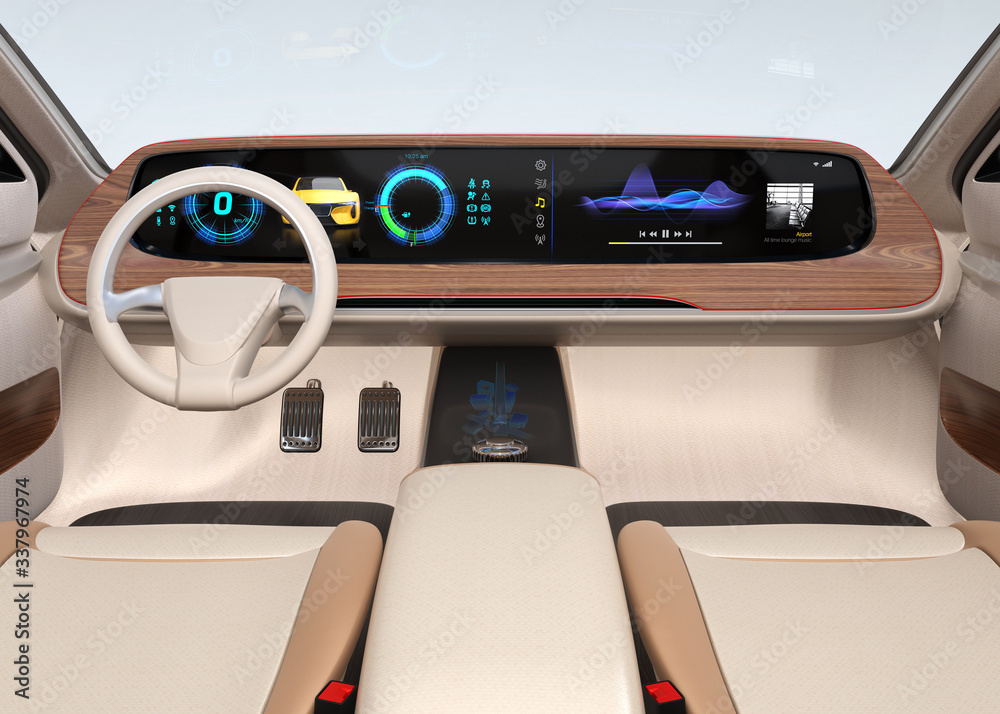 Interior of self-driving electric car equip with wide digital multimedia screen. Generic design. 3D rendering image.