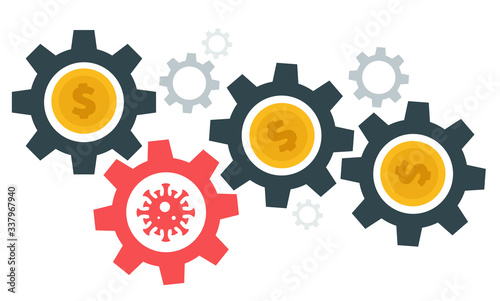 Gear with money and virus. Abstract design concept with world coronavirus pandemic and crisis of global financial business system. Creative minimalistic cartoon composition. Vector illustration.